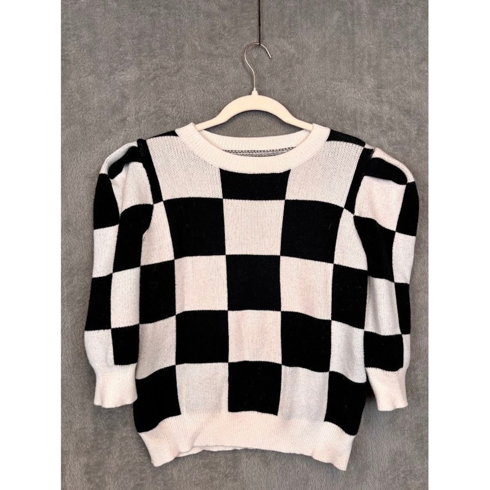 &Merci Black White Checkerboard Puff‎ Shoulder Knit Sweater Womens Medium